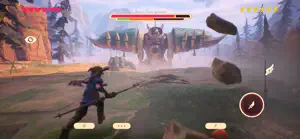 A fight on a red-rock shore against a giant wolf-like boss with a health bar
