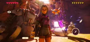 A close-up of Em beside a robot as a purple burst fires from a cannon