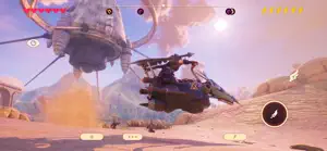 Warlock's Revenge airship flying past a floating island at sunset