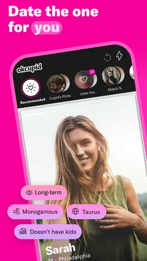 OkCupid Recommended stack with Cupid's Picks, Likes You and Match % tabs above Sarah, 24, Philadelphia, tagged Long-term, Monogamous, Taurus and Doesn't have kids