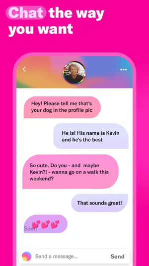 Chat thread about a profile-photo dog named Kevin and a weekend walk, ending in heart emojis marked Seen