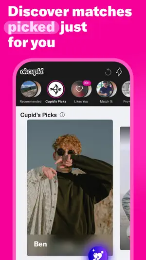 Cupid's Picks stack with Ben's photo card, a Likes You tab showing 99+ and the caption "Discover matches picked just for you"