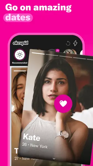 Kate, 26, New York, being liked with a pink heart over the Recommended stack, caption "Go on amazing dates"