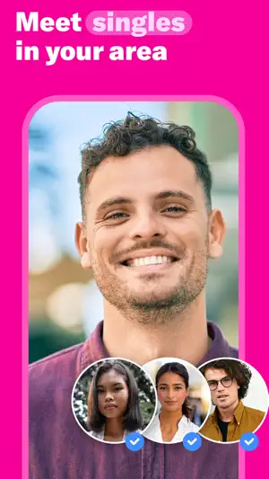 Smiling man in close-up above three round member photos with blue verified check marks, caption "Meet singles in your area"