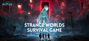 Key art of a glowing Deviation figure before a red-lit town, captioned strange worlds survival game