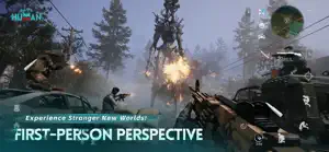 First-person view firing at a towering walking Deviation on a foggy road