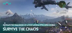 A player on a cliff watching a giant creature fly over a mountain valley