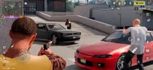 A player holding a pistol beside a red coupe with a dark muscle car behind