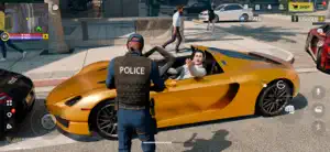 A police officer beside a yellow open-top supercar with a gang member leaning out