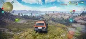 Orange pickup climbing a rocky ridge above a lake, minimap and speed at the top left