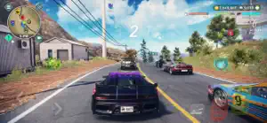 Police cruiser and a striped sports car racing down a highway between hills