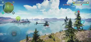 Helicopter flying over a wide bay toward distant mountains