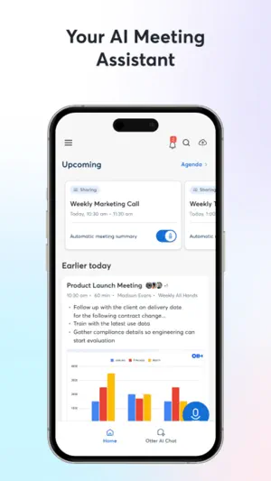 Home screen headed Your AI Meeting Assistant, with an Upcoming card for a Weekly Marketing Call, an automatic meeting summary toggle, a Product Launch Meeting note with a bar chart and a record button