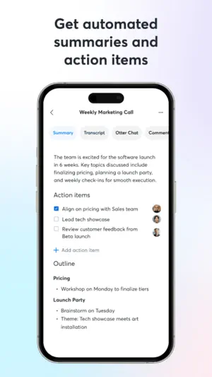 Summary tab with an overview paragraph, a checkable Action items list with three assignees and an Outline with Pricing and Launch Party headings