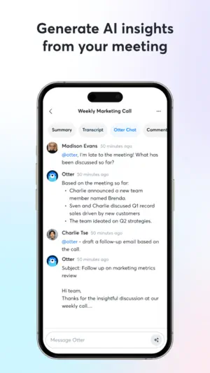Otter Chat tab where a teammate asks what has been discussed and the assistant replies with bullet points, then drafts a follow-up email