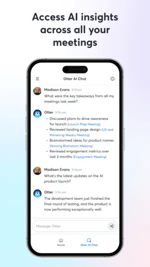Otter AI Chat screen answering what the key takeaways were from all meetings last week, with links to each source meeting