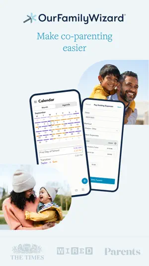 OurFamilyWizard title card reading Make co-parenting easier, with a September calendar, a Pay Existing Expense form and press logos
