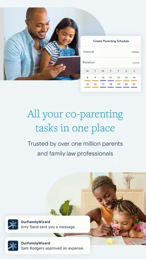 Create Parenting Schedule screen with a two-week interval and 2-2-5-5 rotation, plus banners for a new message and an approved expense