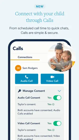 Calls screen with Audio Call and Video Call buttons and Manage Consent toggles showing both parents have consented