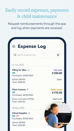 Expense Log in pounds with 50/50 and 70/30 splits for a filling, piano lessons and school supplies