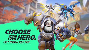 Choose Your Hero key art: Reinhardt, Tracer, Pharah and Mercy over a green banner