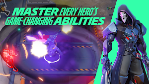 Reaper beside a top-down arena where a hero fires a purple blast — Master Every Hero's Abilities