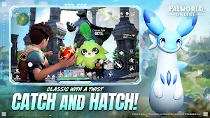 Catching a green fluffy Pal with a sphere beside a white winged Pal — Catch and Hatch