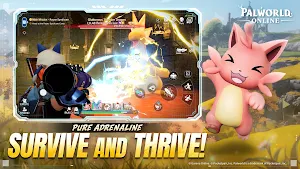 A battle against a large lion-like Pal with a pink Pal cheering — Survive and Thrive