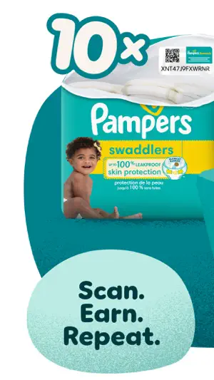 Pampers Swaddlers diaper pack under a 10x badge, with a Pampers Rewards sticker showing a QR code and printed code