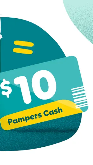 $10 Pampers Cash card graphic in teal with a yellow label