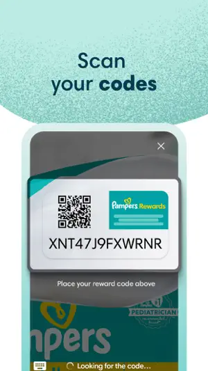 Pampers Rewards code scanner framing a pack sticker with a QR code and a 13-character code