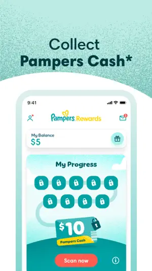 Pampers Rewards home screen with a $5 balance and ten locked scan tiles leading to a $10 Pampers Cash card