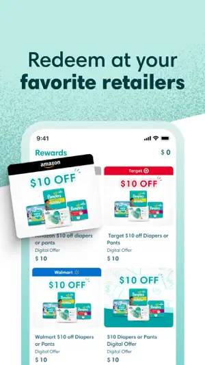 Rewards catalog with $10-off Pampers diaper offers for Amazon, Target and Walmart