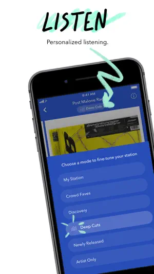 Station mode picker on Post Malone Radio with Deep Cuts selected among six options, from My Station to Artist Only