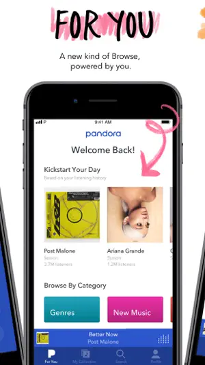 For You home screen with Kickstart Your Day picks for Post Malone and Ariana Grande above Genres and New Music tiles