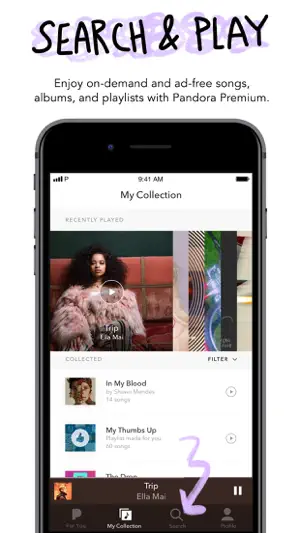 Premium My Collection with Ella Mai's Trip in Recently Played and a My Thumbs Up playlist below it