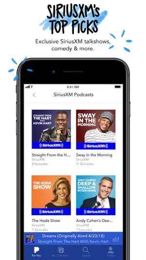 SiriusXM Podcasts grid showing Straight From the Hart, Sway in the Morning, The Hoda Show and Andy Cohen's Deep & Shallow