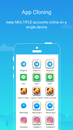 App Cloning promo with Telegram, LINE, Clash of Clans, Messenger and Instagram each shown as an original plus two numbered clones