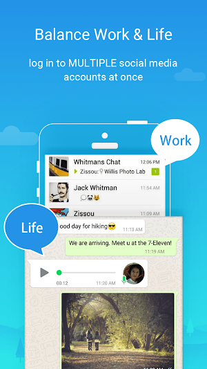 Balance Work and Life promo with a Work chat list stacked over a Life chat holding a voice message and a forest path photo