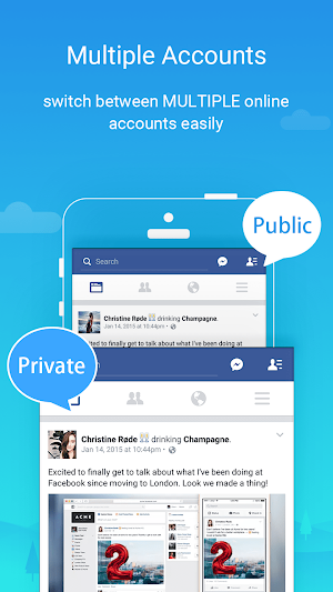 Multiple Accounts promo with two Facebook feeds labelled Public and Private open on one phone