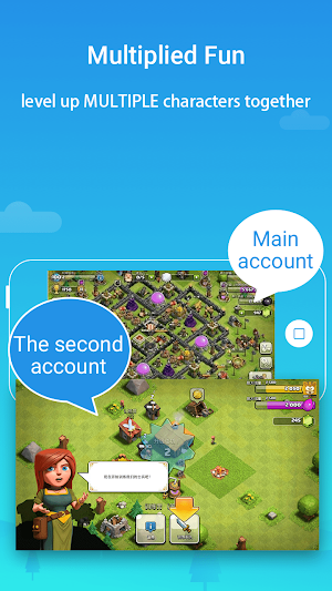 Multiplied Fun promo with two Clash of Clans villages labelled Main account and The second account