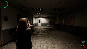 A blonde survivor aiming a pistol down a long prison corridor with a bullet count of 34