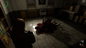 The survivor in a prison office with a bloodied body on the tiled floor