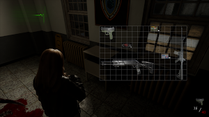 The grid inventory overlay with a pistol and items, in the same office