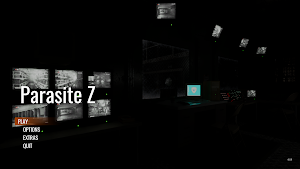 The Parasite Z title menu over a dark security room with play, options, extras and quit