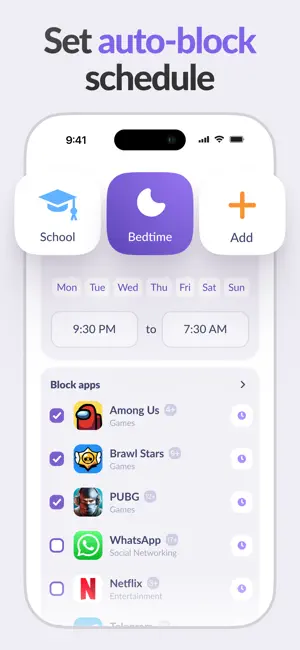 Auto-block schedule for Bedtime from 9:30 PM to 7:30 AM with Among Us, Brawl Stars and PUBG checked