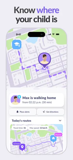 Map of a child walking home from school, with Place alerts, Get directions and today's routes at 12 km/h top speed