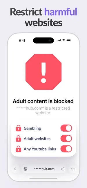 Blocked-site screen reading Adult content is blocked, with toggles for Gambling, Adult websites and Any YouTube links