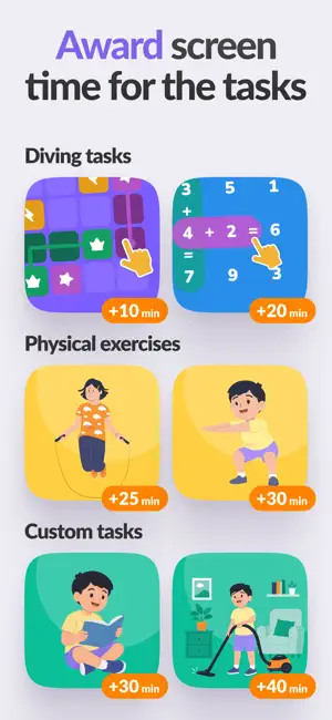 Reward screen offering bonus minutes from +10 to +40 for puzzles, jump rope, squats, reading and vacuuming