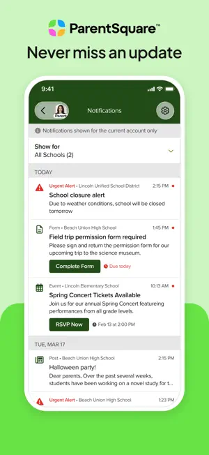 Notification list with an urgent closure alert and a permission form